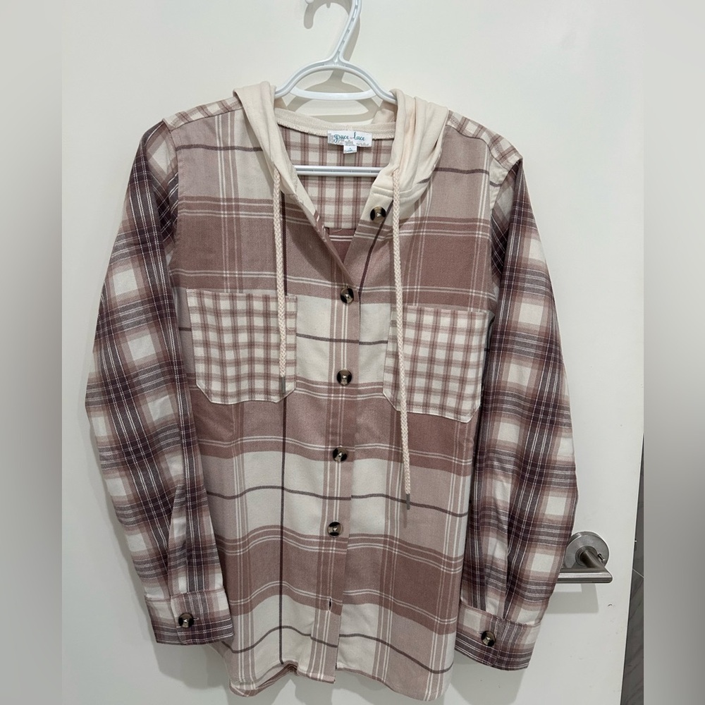 Grace & Lace Hooded Plaid Button Top